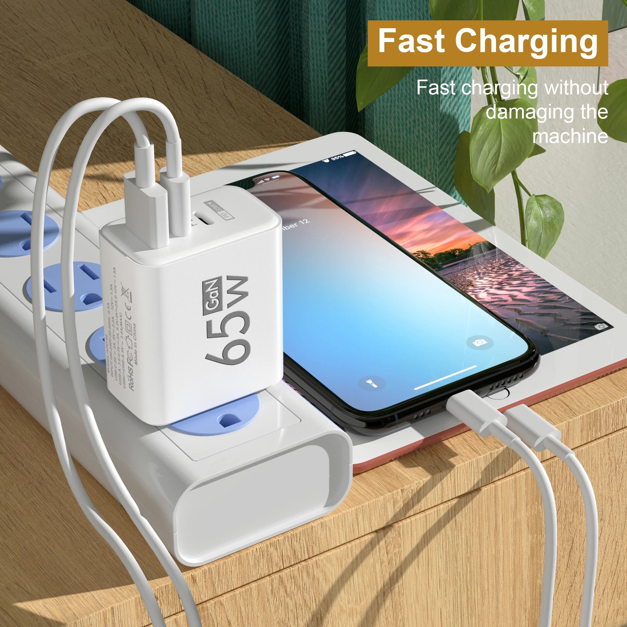 GaN Triple-Port 65W Fast Charger with USB-C PD & Quick Charge 3.0 for Latest Smartphones