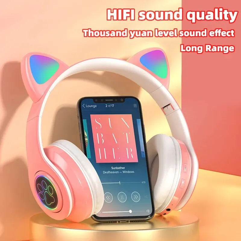 P91H, Cute Cat Ears BT Wireless Headphones, Mic, Flash Light, LED Music Capture, Durable Earphone, Gift.