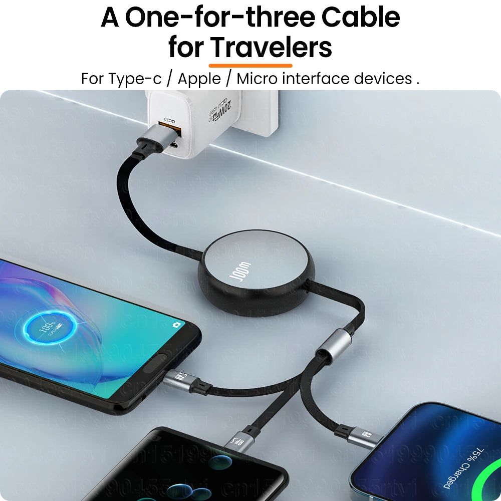 Retractable 100W 6A Charging Cable with USB-C, Micro USB, and Lightning Connector for Smartphones, 3 in 1 USB Cable