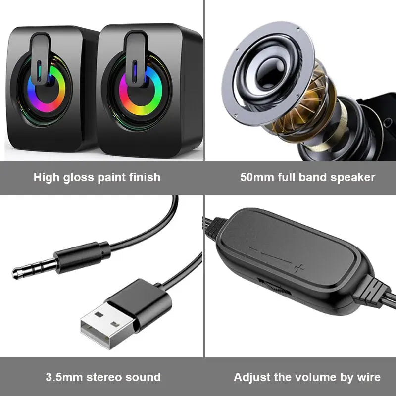 Computer Speakers PC Sound Box HIFI Stereo Microphone USB Wired with LED Light for Desktop