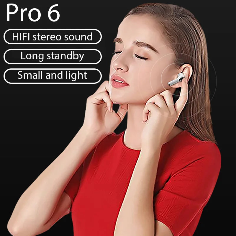 Pro 6 TWS Wireless Bluetooth Earphones with Mic Stereo Sport Headset Game