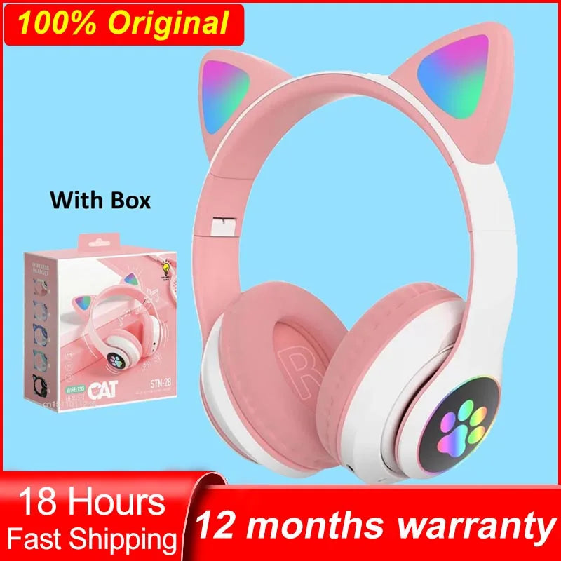 Bluetooth Phone Headset Earphone Cat Ears Headphones Flash Light Wireless With MIC Control LED Kid Girl Stereo Cute Music Helmet