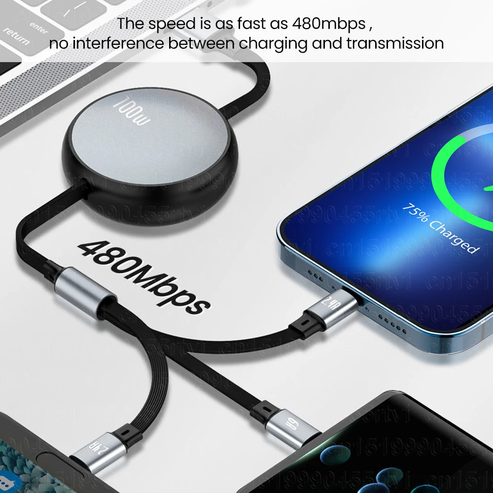 Retractable 100W 6A Charging Cable with USB-C, Micro USB, and Lightning Connector for Smartphones, 3 in 1 USB Cable