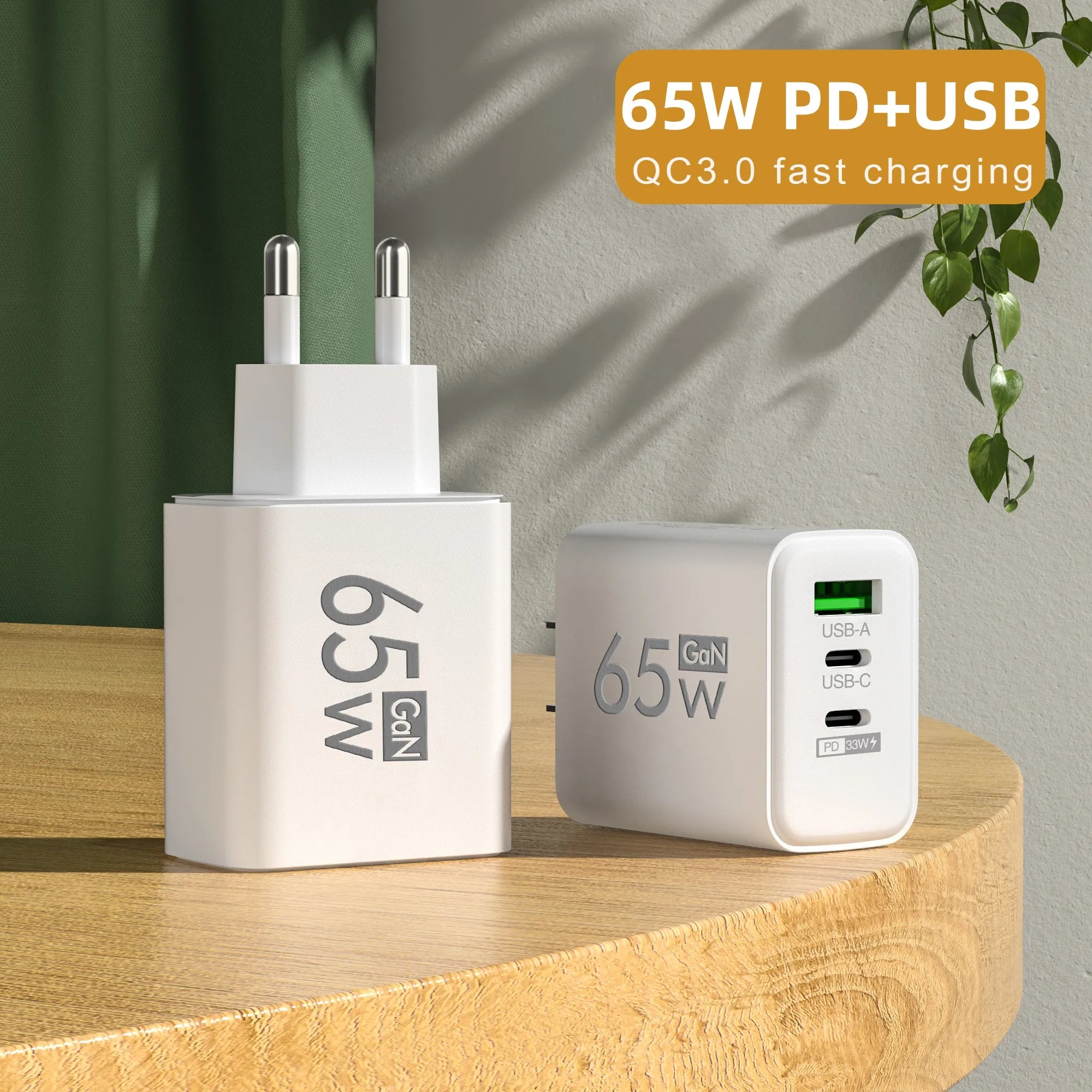 GaN Triple-Port 65W Fast Charger with USB-C PD & Quick Charge 3.0 for Latest Smartphones