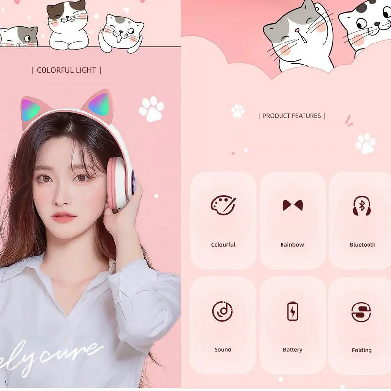 Bluetooth Phone Headset Earphone Cat Ears Headphones Flash Light Wireless With MIC Control LED Kid Girl Stereo Cute Music Helmet