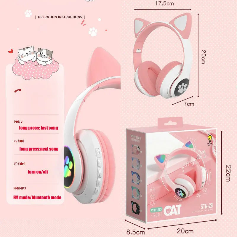 Bluetooth Phone Headset Earphone Cat Ears Headphones Flash Light Wireless With MIC Control LED Kid Girl Stereo Cute Music Helmet