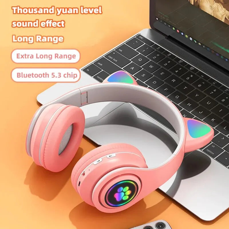 P91H, Cute Cat Ears BT Wireless Headphones, Mic, Flash Light, LED Music Capture, Durable Earphone, Gift.