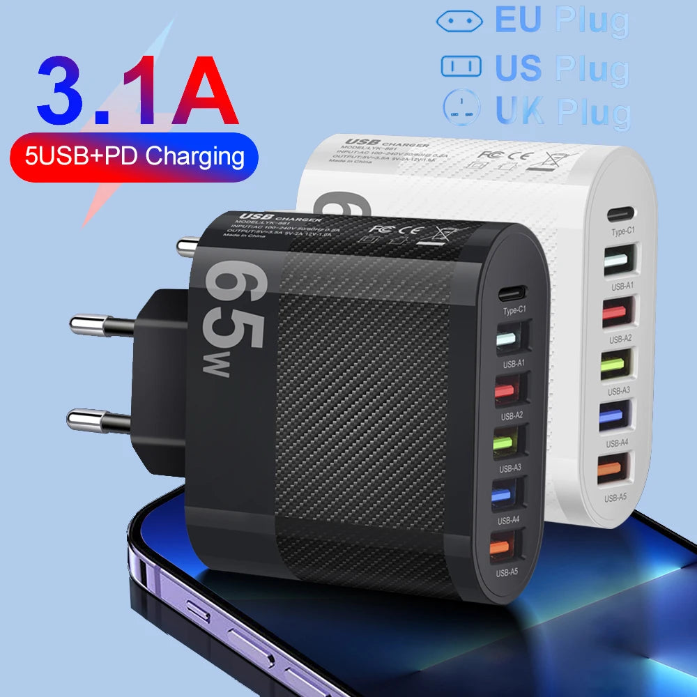 3.1A 5Ports USB Charger PD Charging Adapter For Mobile Phone Plug Charging QC 3.0