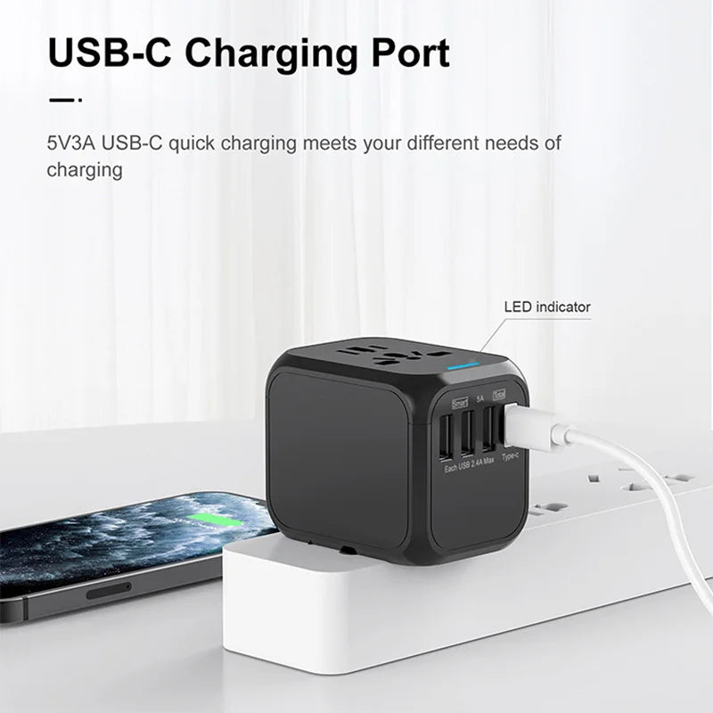 Universal Multi-Port USB & USB-C Travel Adapter with Fast Charging - Suitable for EU/UK/US/AU Outlets