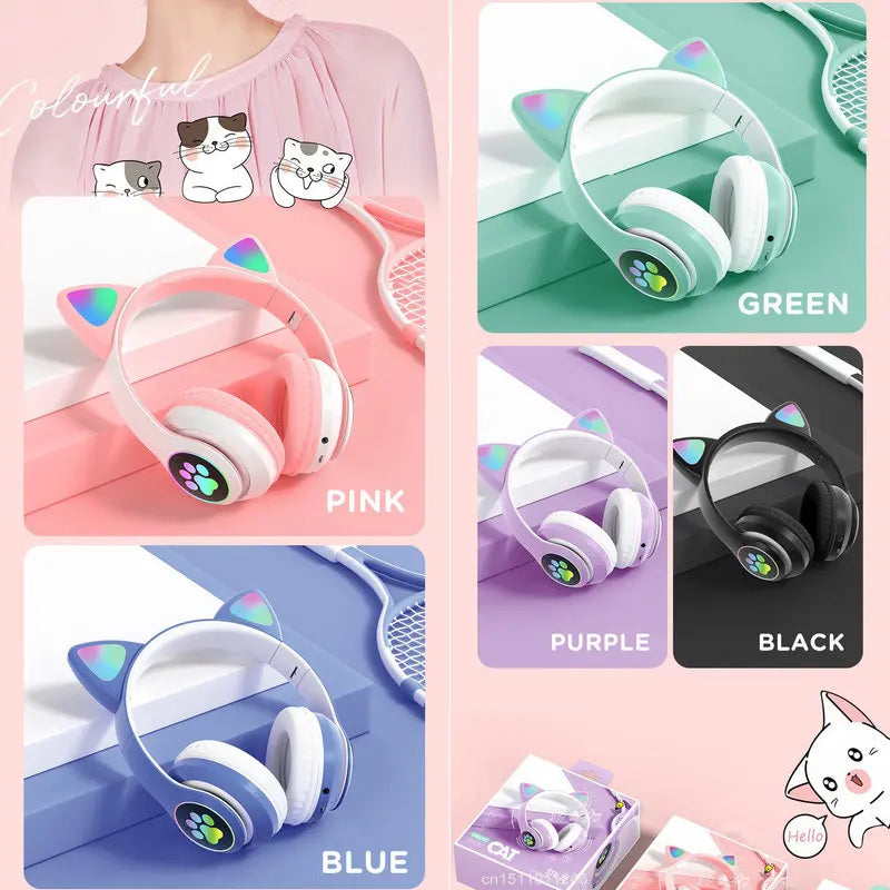 Bluetooth Phone Headset Earphone Cat Ears Headphones Flash Light Wireless With MIC Control LED Kid Girl Stereo Cute Music Helmet