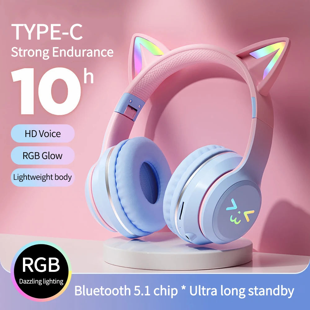 HomeCEC Gradient wireless headphones with a  lovely cat ear design Girls Kids Stereo Music Game Headphone Gifts