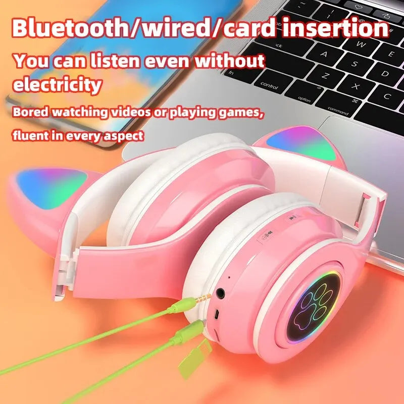 P91H, Cute Cat Ears BT Wireless Headphones, Mic, Flash Light, LED Music Capture, Durable Earphone, Gift.