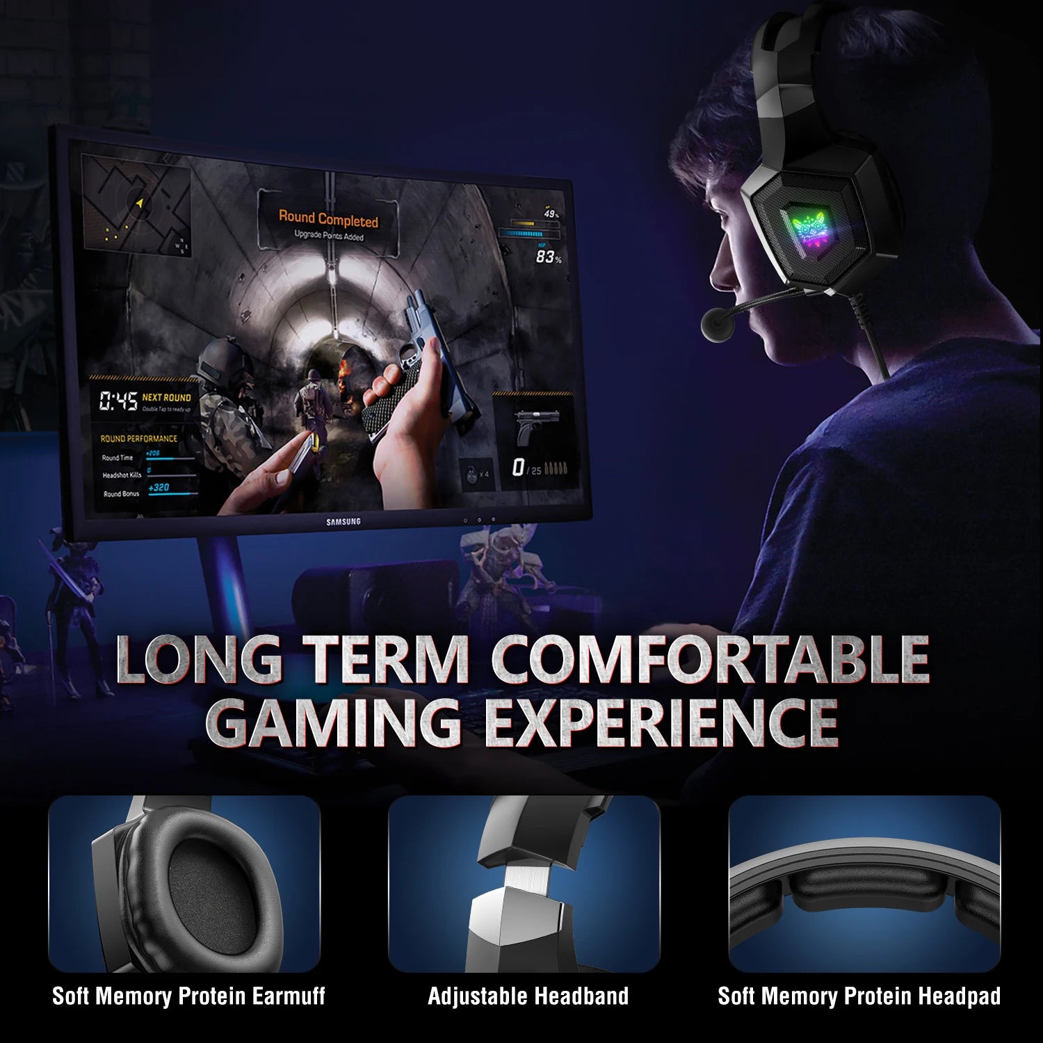 Over-Ear Wired ONIKUMA Gaming Headphones with Flexible HD Mic RGB Light Surround Sound