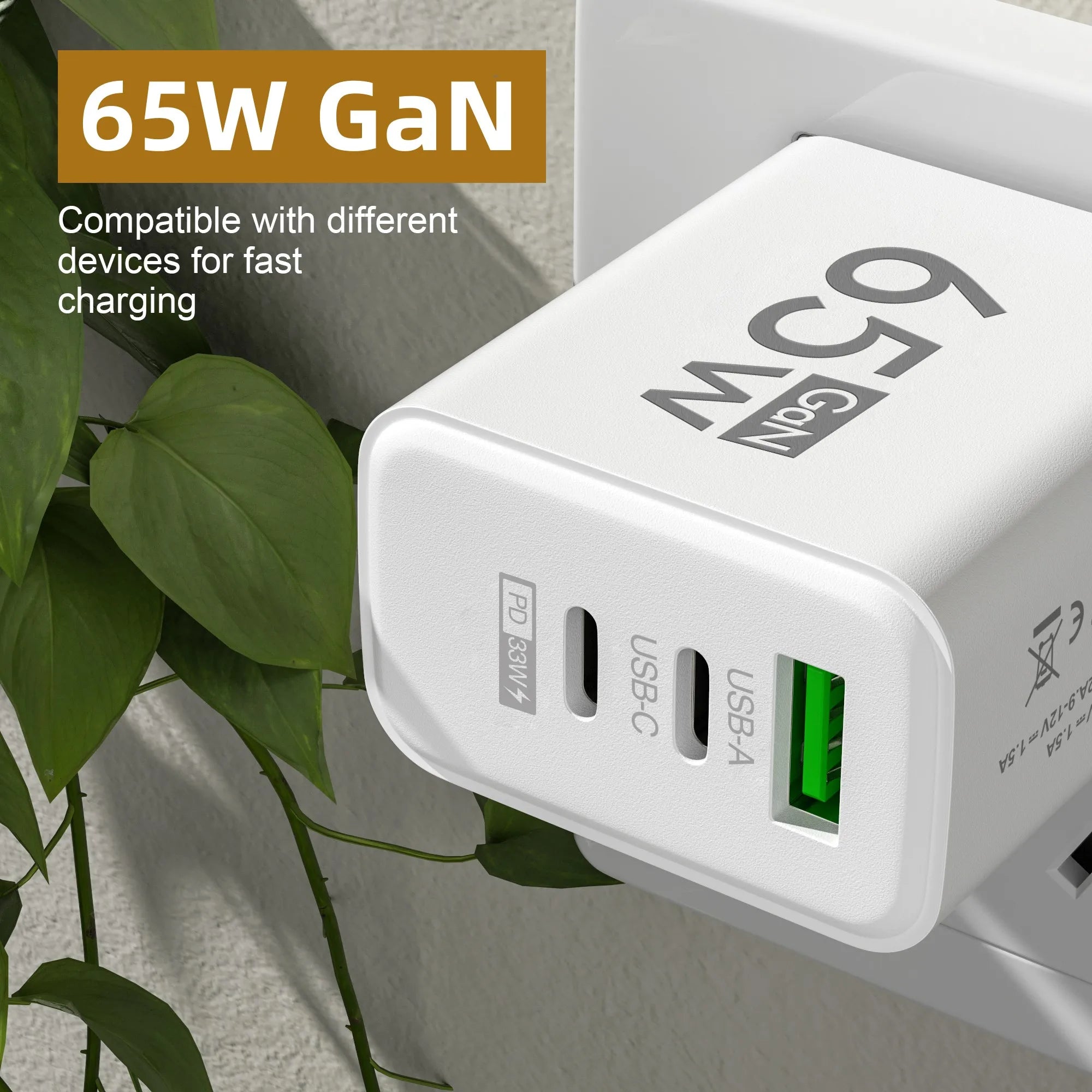 GaN Triple-Port 65W Fast Charger with USB-C PD & Quick Charge 3.0 for Latest Smartphones