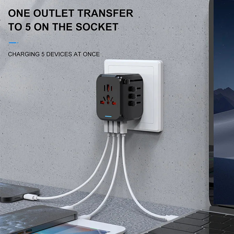 Universal Multi-Port USB & USB-C Travel Adapter with Fast Charging - Suitable for EU/UK/US/AU Outlets