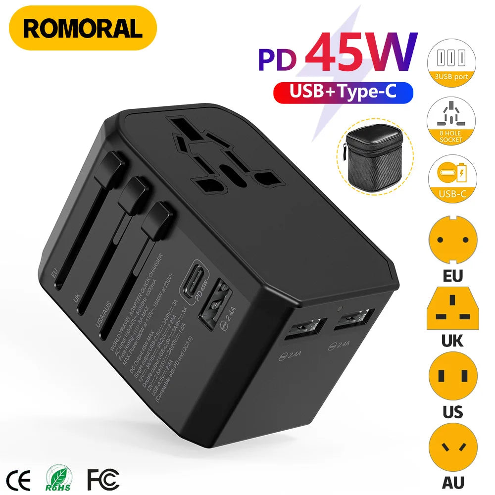 45W Universal Travel Charger with PD, QC3.0, and USB-C Adapter for Global Use