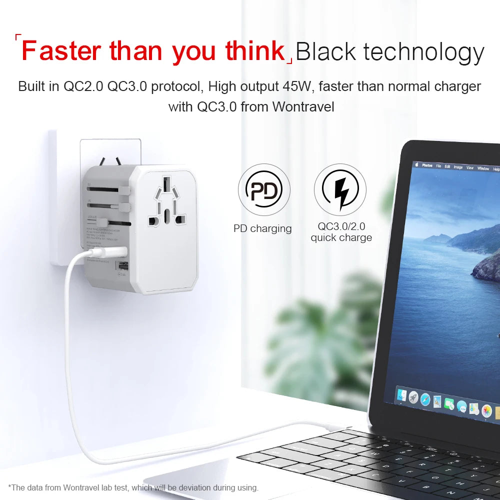 45W Universal Travel Charger with PD, QC3.0, and USB-C Adapter for Global Use