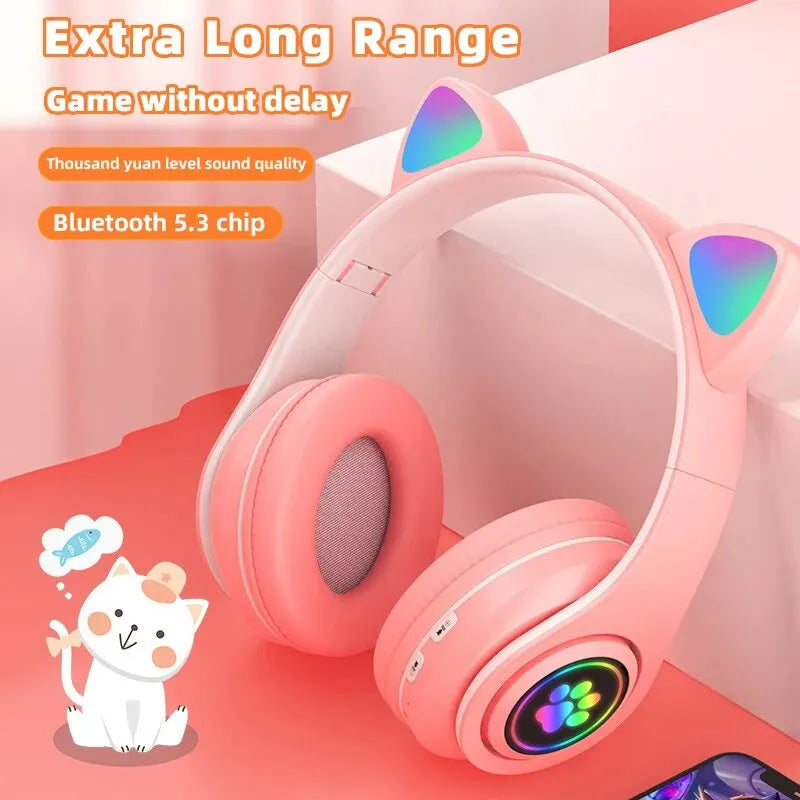 P91H, Cute Cat Ears BT Wireless Headphones, Mic, Flash Light, LED Music Capture, Durable Earphone, Gift.