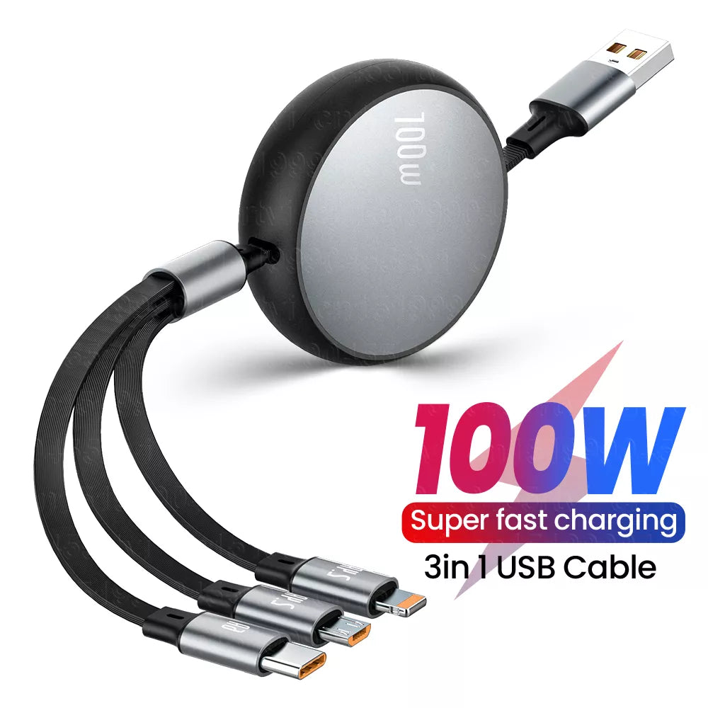 Retractable 100W 6A Charging Cable with USB-C, Micro USB, and Lightning Connector for Smartphones, 3 in 1 USB Cable