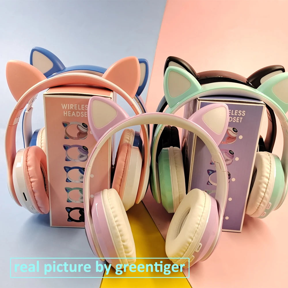 Bluetooth Phone Headset Earphone Cat Ears Headphones Flash Light Wireless With MIC Control LED Kid Girl Stereo Cute Music Helmet