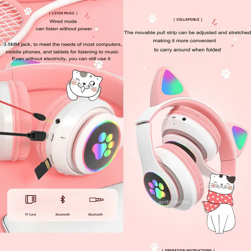 Bluetooth Phone Headset Earphone Cat Ears Headphones Flash Light Wireless With MIC Control LED Kid Girl Stereo Cute Music Helmet