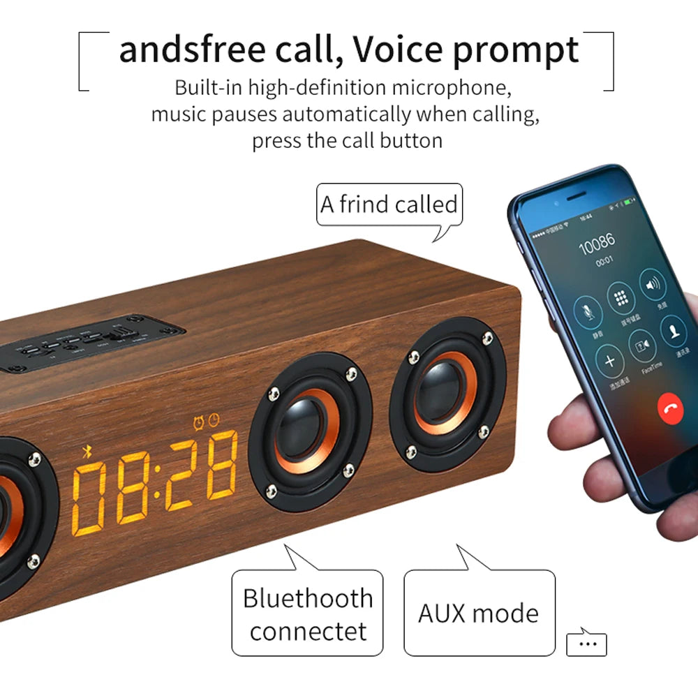 Wooden Alarm Clock with Bluetooth Sound bar and Subwoofer Speaker that Recharges