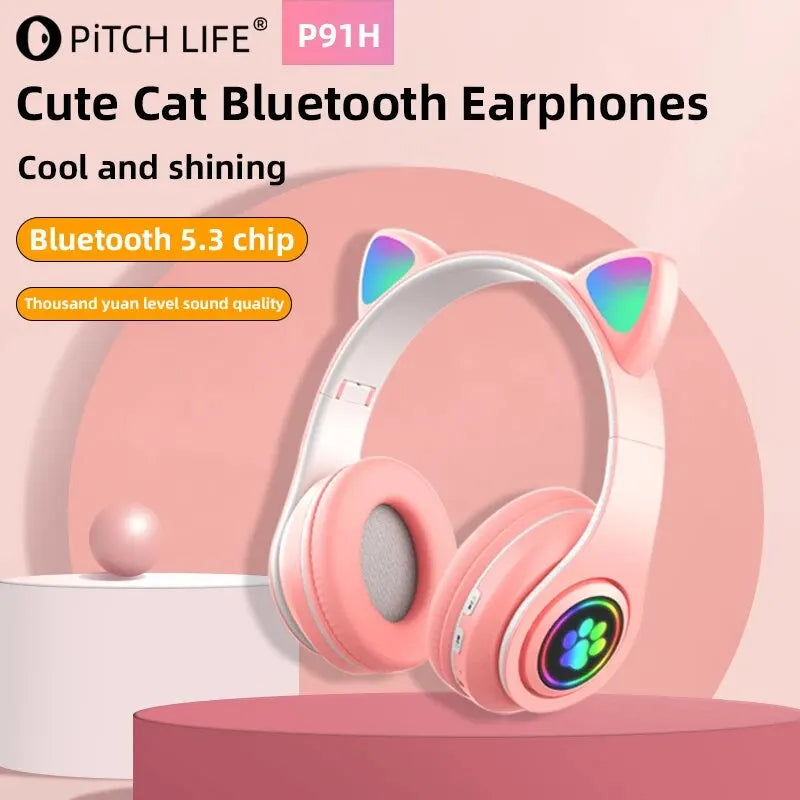 P91H, Cute Cat Ears BT Wireless Headphones, Mic, Flash Light, LED Music Capture, Durable Earphone, Gift.