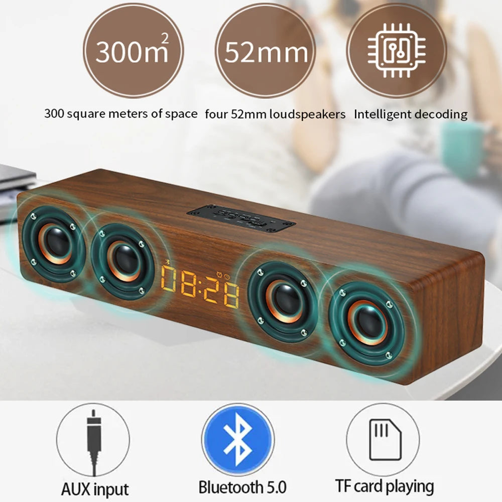 Wooden Alarm Clock with Bluetooth Sound bar and Subwoofer Speaker that Recharges