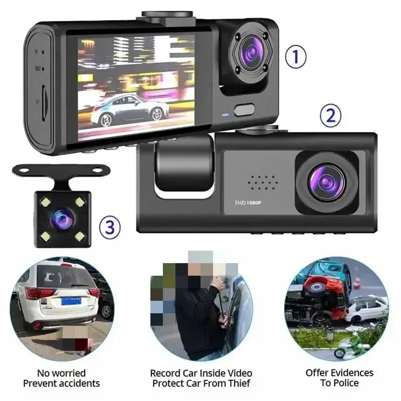 Recorder Video Registrator Dashcam Camcorder with 3 Lenses and 3 Channels for High Definition 1080P Video Recording in Your Car