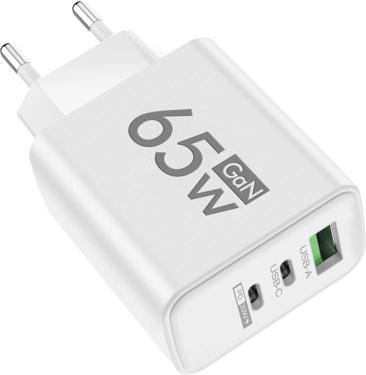 GaN Triple-Port 65W Fast Charger with USB-C PD & Quick Charge 3.0 for Latest Smartphones