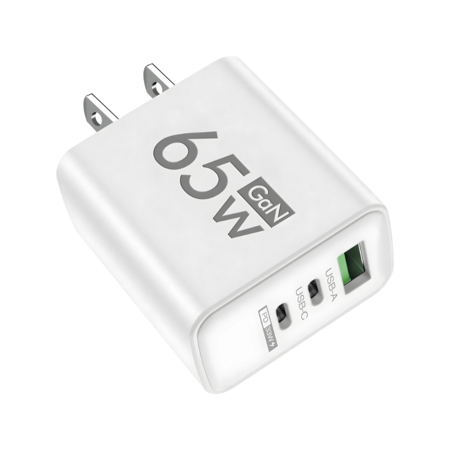 GaN Triple-Port 65W Fast Charger with USB-C PD & Quick Charge 3.0 for Latest Smartphones